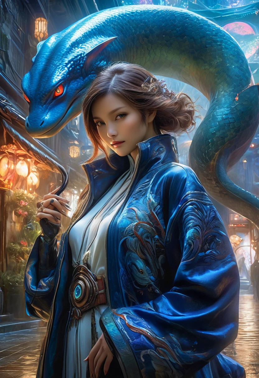 best quality,4k,8k,highres,masterpiece:1.2,ultra-detailed,realistic:1.37,HDR,UHD,studio lighting,ultra-fine painting,sharp focus,physically-based rendering,(Yoshitaka Amano style:1.1),SFW,(safe for work), An italian woman and her guardian familiar, mystical creature,otherworldly creature,kaiju-like,enchanting companions,wearing stylish futuristic clothes,inspired by Phantasy Star Online, dynamic poses, (The woman, with her eyes brightly colored, no makeup and her italian facial features elegantly detailed, adding to her allure. Dressed in elegant casual clothes with a stylish futuristic jacket.), (She is accompanied by a guardian, an electric elemental eel and kraken mixed creature with exquisite appearance features resembling cosmic horrors. The creature's presence adds a sense of wonder and magic to the scene.),(Her guardian has multiple glowing eyes), (The woman and her companion stand in a dark and gothic city, a modern metropolis with exotic alien plants, and vibrant signs. The colors are vibrant, with a mixture of dark blues, browns, and pale reds creating a dreamlike atmosphere.), (The lighting is soft but illuminating, casting a gentle glow on both the woman and the creature.), (The overall composition has a realistic and photorealistic quality, capturing the essence of the scene in intricate detail.), (The art style is inspired by Yoshitaka Amano, known for his ethereal and otherworldly illustrations. The combination of realistic elements with the artist's unique style creates a captivating and visually stunning image.),Greg Rutkowski