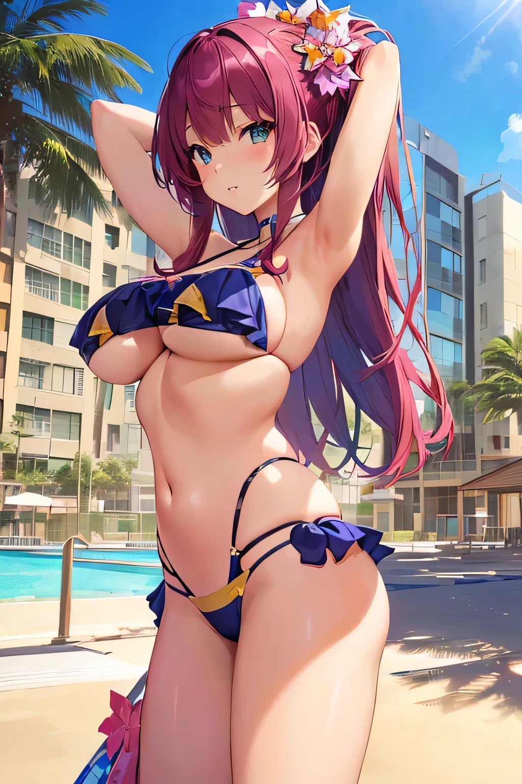 Anime girl in bikini posing in front of a building, Enchanting anime girl, thick, , Swimwear, tits, Cute sexy ass, Pixiv 3DCG, Highly detailed art gems, Marin Kitagawa Fanart, On pixiv, software version, is wearing a Swimwear, tits proportions, artstation On pixivトレンド