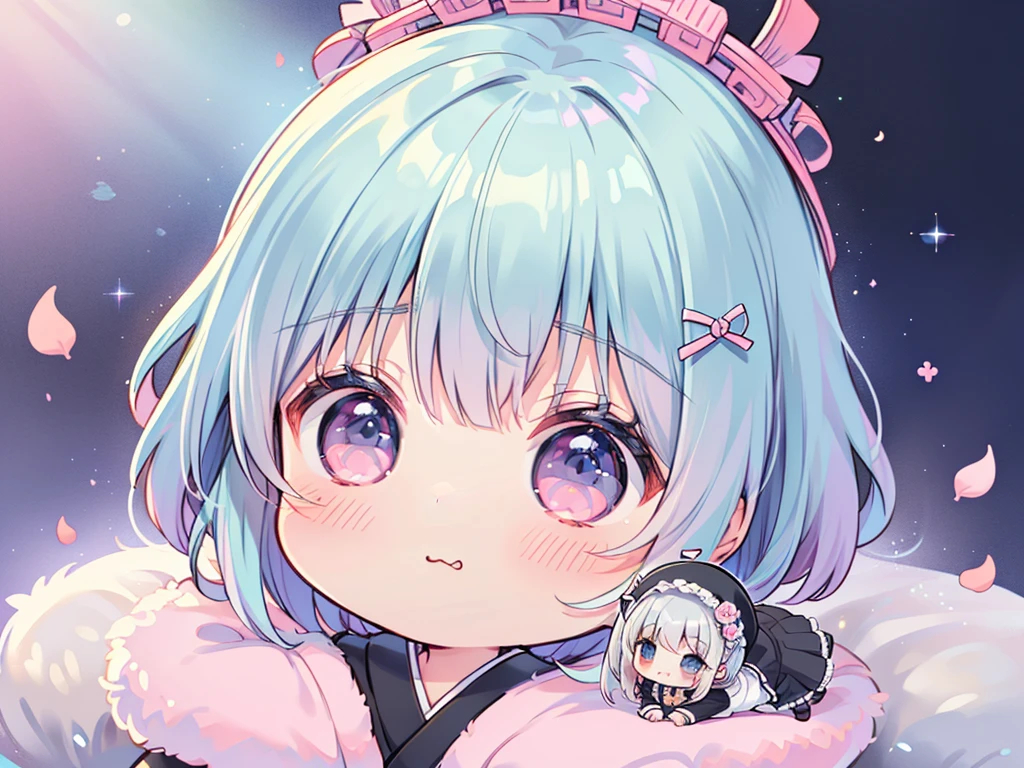 (Mastepiece)、(highest quality)、(floating)、(High resolution)、(Dynamic Angle)、(Beautiful Japanese Women)、(kawaii、Cute、Tiny、Chibi:1.3)、Goddess-like posture、Gray Hair、Bobcut、Gothic Lolita、Black Skirt、Pink frills、solo、
