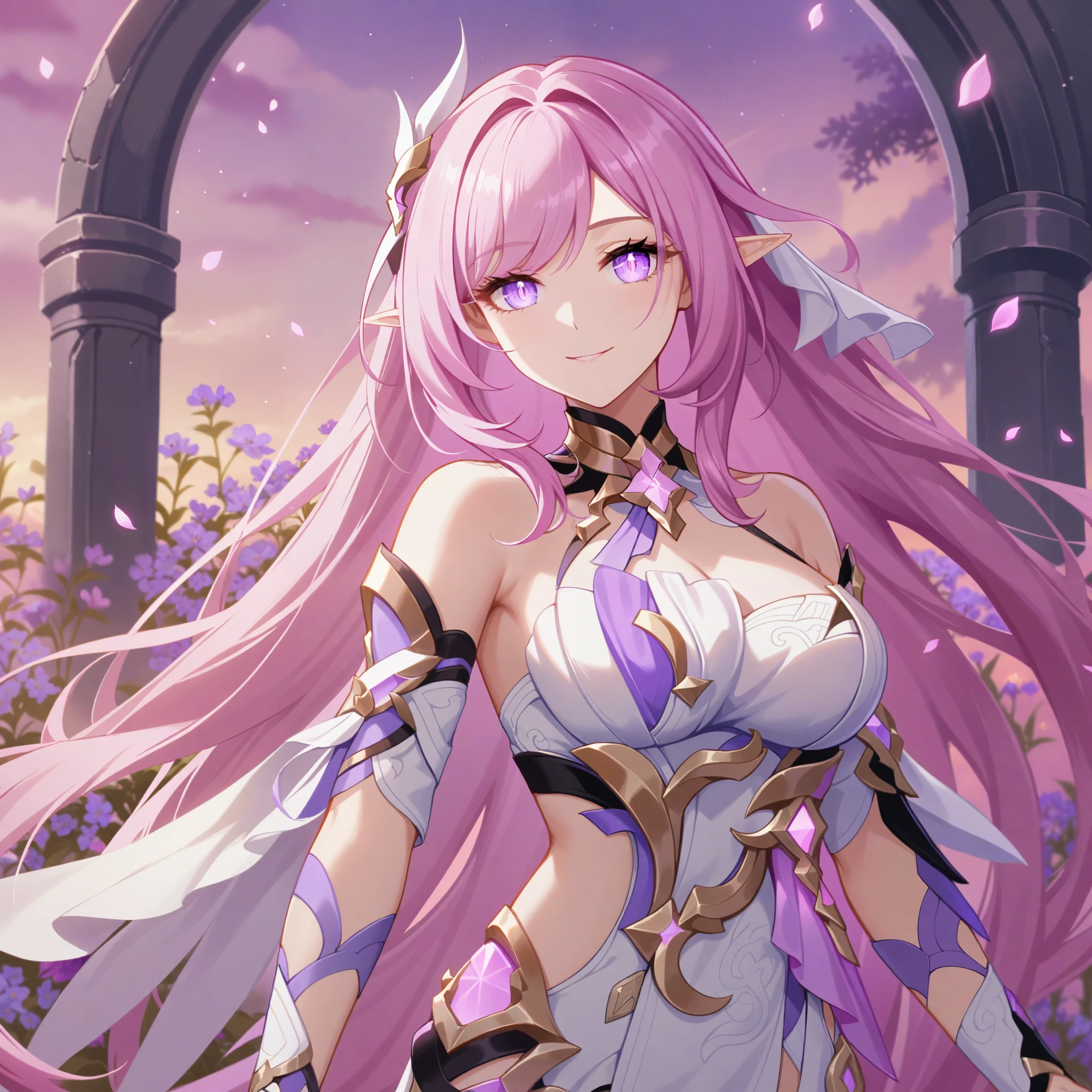 Masterpiece,very aesthetic,1girl,elysia \(herrscher of human:ego\) \(honkai impact\),pink hair,purple eyes,pointed ears,highly detailed,digital painting,elysian realm,illustrated by Ayami Kojima and Karol Bak and criin,glowing pink petals,anime fantasy background,intricate,white dress,narrow_waist,iridescent light, large breasts,official honkai imapct 3 cg,pink sky,field of wildflowers,pink slit pupils,gentle smile,god rays,long delicate eyelashes