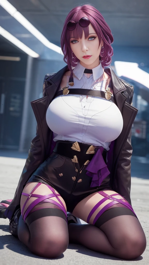 masterpiece, best quality, purple hair, (purple eyes:1.2), light, realistic, photo, science_fiction, huge_filesize, in the cyberpunk city, steam, masterpiece,best quality,official art, extremely detailed CG unity 8k wallpaper, girl, solo, bishoujo, incredibly_absurdres, big breasts, long shot, full body, mischievous laugh, (((cinematic look)))huge voluptuous perky breasts, deep cleavage, thick thighs) sitting, spreading legs wide open 