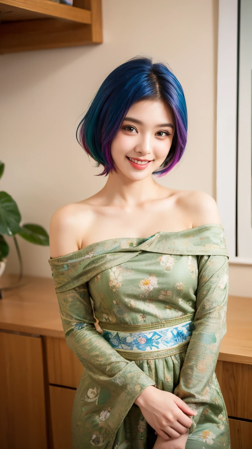 (best quality, masterpiece), 1girl, off shoulder,(soft colored hair:1.3), multicolored hair, girl's lovely room, 15 year old, smile, beaming face, extremely high resolution, photorealistic, RAW photography, depth of field, amazingly high detailed eyes and face, silky smooth skin, ((mmTD burmese patterned traditional dress)), emerald green dress, floral printed dress