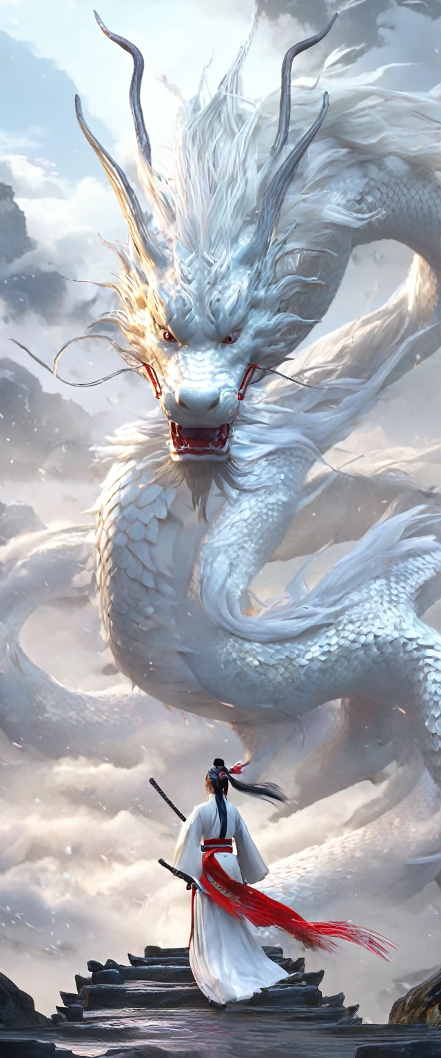 Dynamic Lighting, Art Station, poster, Volumetric Lighting, Very detailed faces, 4k wallpaper, Award-Won, 1 girl with white hair, Flowing long hair, Ponytail, Tassel Hair Accessories, Dynamic perspective, White Hanfu, white gauze flying, Red belt, Sexy, Traditional Chinese ink painting, Surrounded by Clouds and mist, mist, Riding the White Dragon Head, Touch the faucet, White Dragon Horn, Dynamic perspective, Movie Lighting,