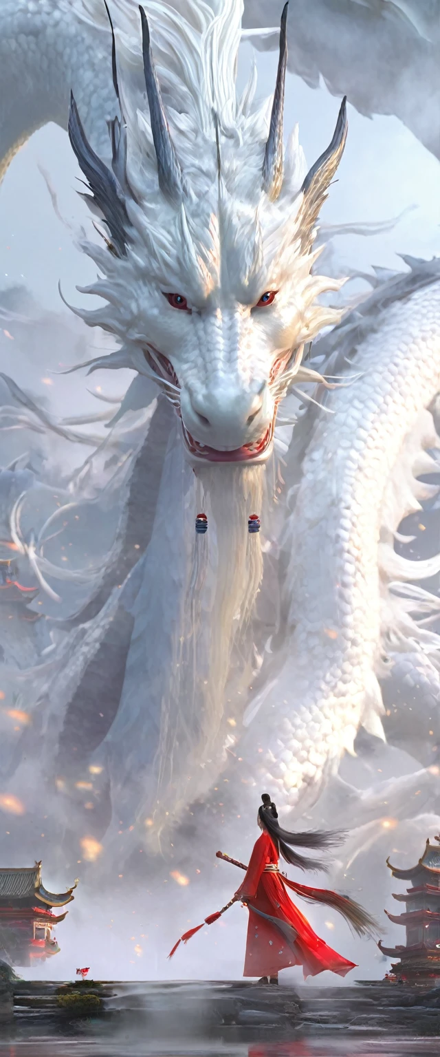 Dynamic Lighting, Art Station, poster, Volumetric Lighting, Very detailed faces, 4k wallpaper, Award-Won, 1 girl with white hair, Flowing long hair, Ponytail, Tassel Hair Accessories, Dynamic perspective, White Hanfu, white gauze flying, Red belt, Sexy, Traditional Chinese ink painting, Surrounded by Clouds and mist, mist, Riding the White Dragon Head, Touch the faucet, White Dragon Horn, Dynamic perspective, Movie Lighting,