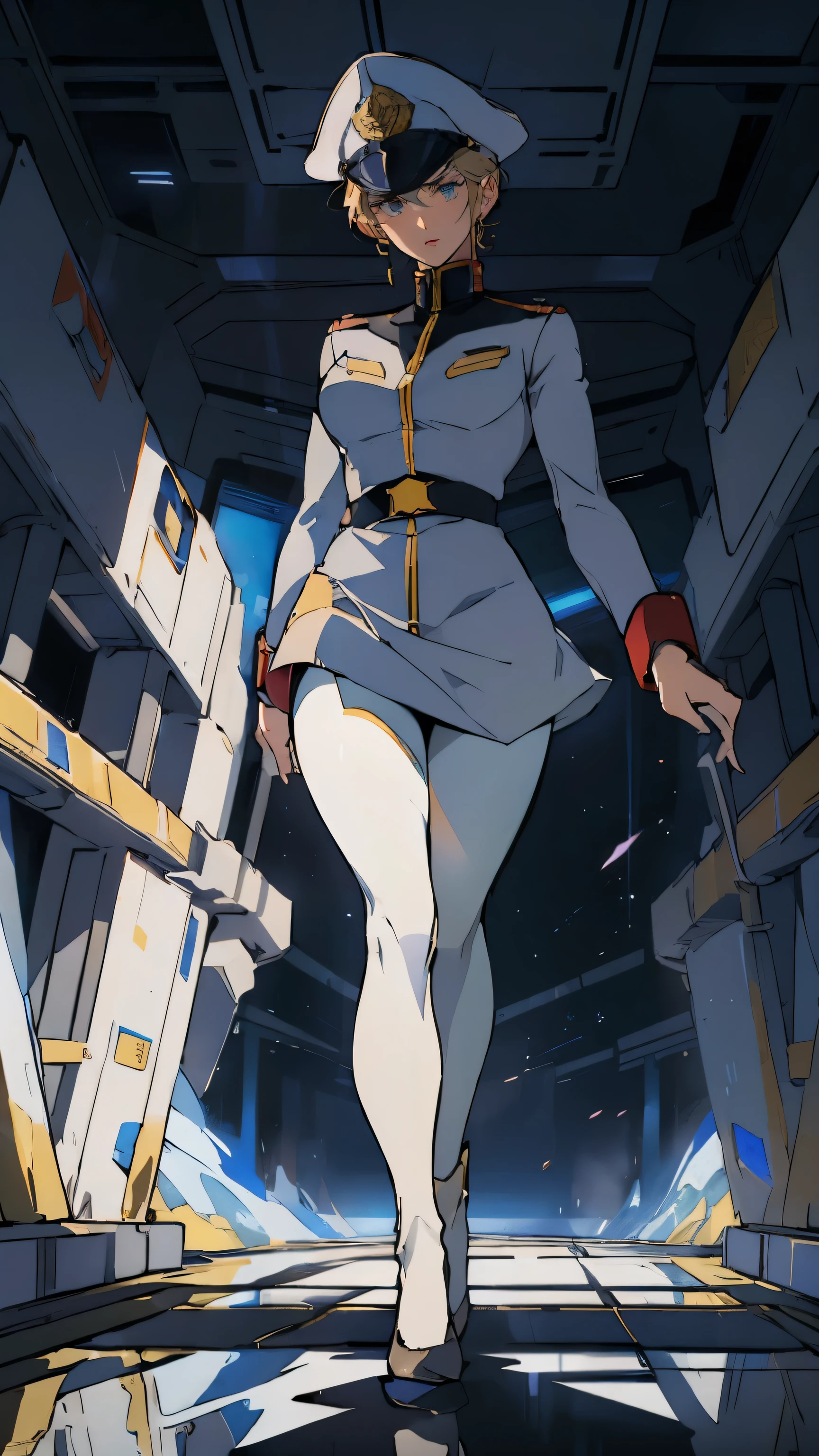 (((masterpiece,highest quality,In 8K,Super detailed,High resolution,anime style,absolutely))),(A female officer of the Earth Federation Forces is walking..:1.5),(alone:1.5), (Wearing a uniform of the Earth Federation Forces:1.5),(wearing an officer hat: 1.5),(Cute type of girl:1.4),(pretty face:1.4),(beautiful hands:1.4),(fine hands:1.2),(wallpaper:1.5),(whole body:1.5),((overlook:1.5)), ((25 year old girl, white tights)), (inside a spaceship), ((long legs))