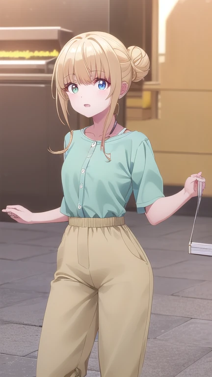 mahirushiina, Mahiru Shiina, golpes, pelo rubio, By the chestnut, (ojos amarillos:1.3), sonrisa,
ROMPER shirt, cerraduras laterales, pantalones, bun, single bun, camisa amarilla, green pantalones,
ROMPER indoors,
ROMPER looking at viewer, (tiro de vaquero:1.5),
ROMPER (Obra maestra:1.2), mejor calidad, high resolution, fondo de pantalla de unidad 8k, (illustration:0.8), (hermosos ojos detallados:1.6), cara extremadamente detallada, Perfect lighting, CG extremadamente detallado, (manos perfectas, perfect anatomy),