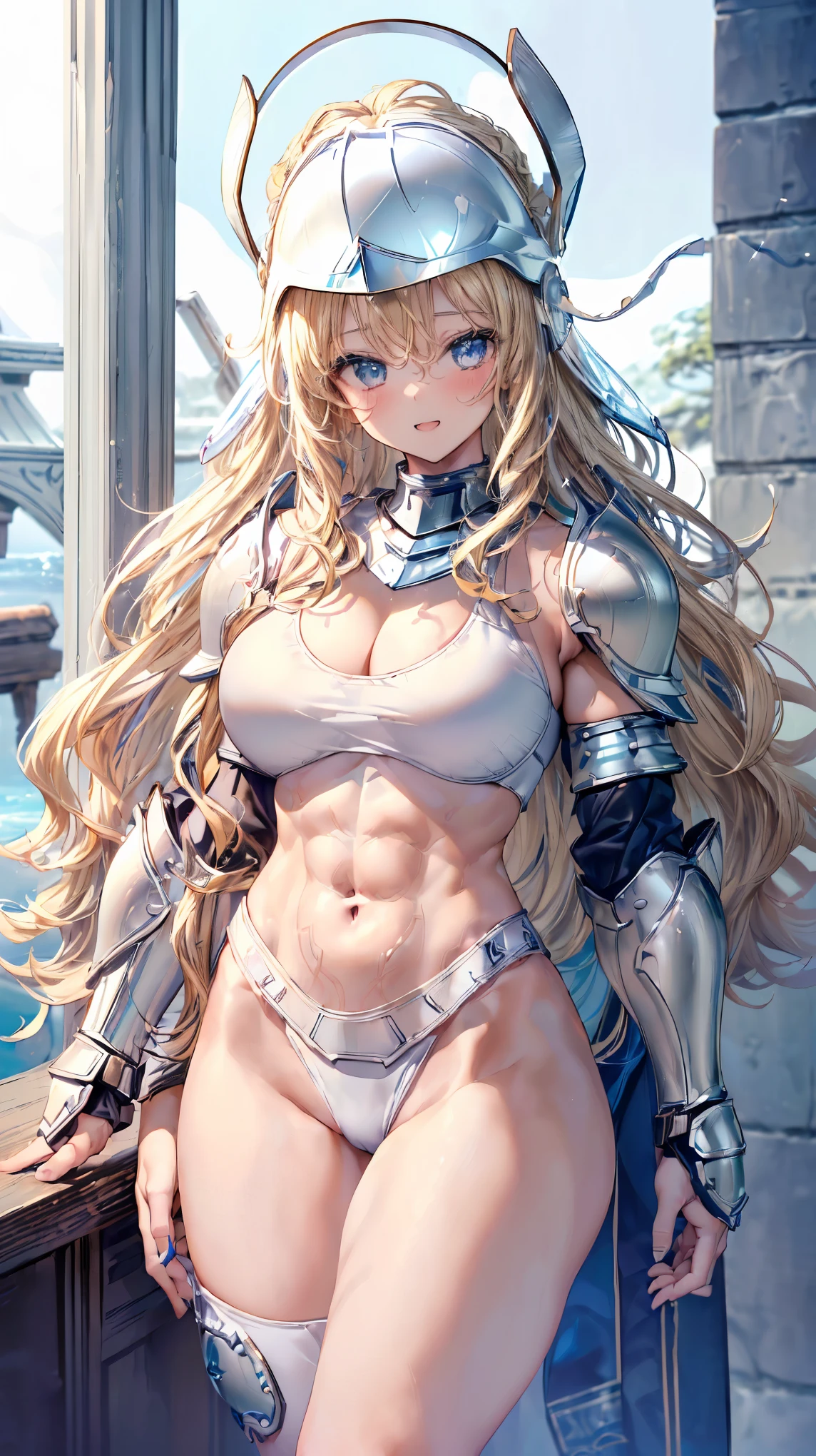 (Adult women:1.5)、Very detailed、highest quality、Best image quality、masterpiece、8k、Anime Face、A kind smile、(Open your mouth:1.3)、Sparkling blue eyes、(Blonde Wavy Hair:1.5)、、Muscles of the whole body、(High leg:1.5)、Thigh belt、(Wearing white bikini armor:1.5)、(Cowboy Shot:1.5)、(Leg armor:1.5)、(Wearing a helmet:1.5)、SFW Giant