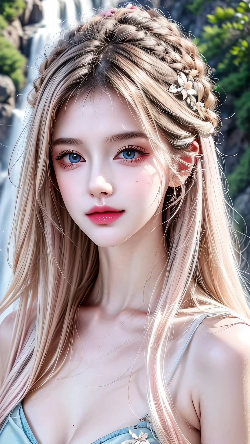 A very beautiful girl happily bathes beside a cool waterfall，Pink skin，blue eyes，Dark hair，Delicate face，Meticulous body，Realistic Model，Highly detailed natural scenery，CGI 8k resolution  