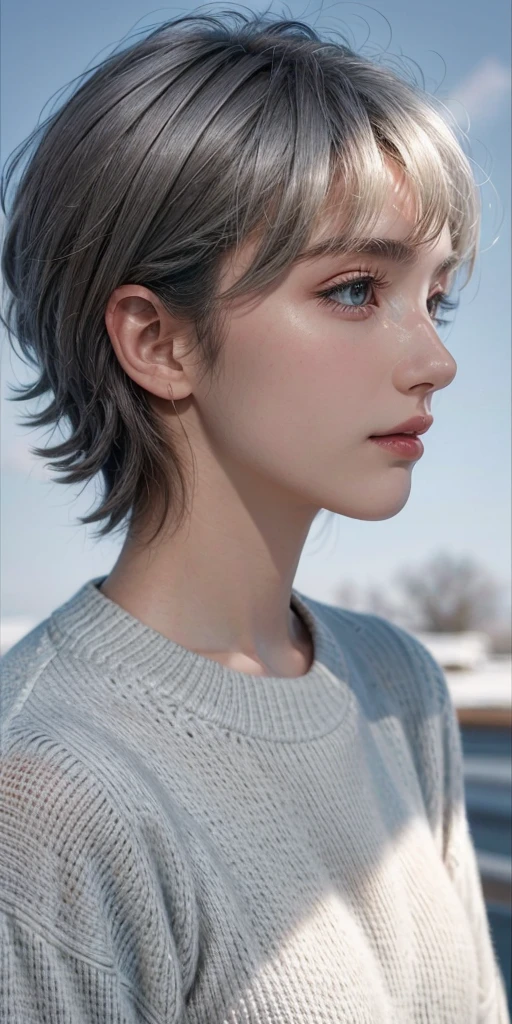 medium shot,Surreal:1.4 ,1 woman,Look up at 30°,Three-point profile,Silver gray clean short hair,breeze,emotional eyes,Bright sky background,Soft shadows,Bright picture,sweater,looking at viewer