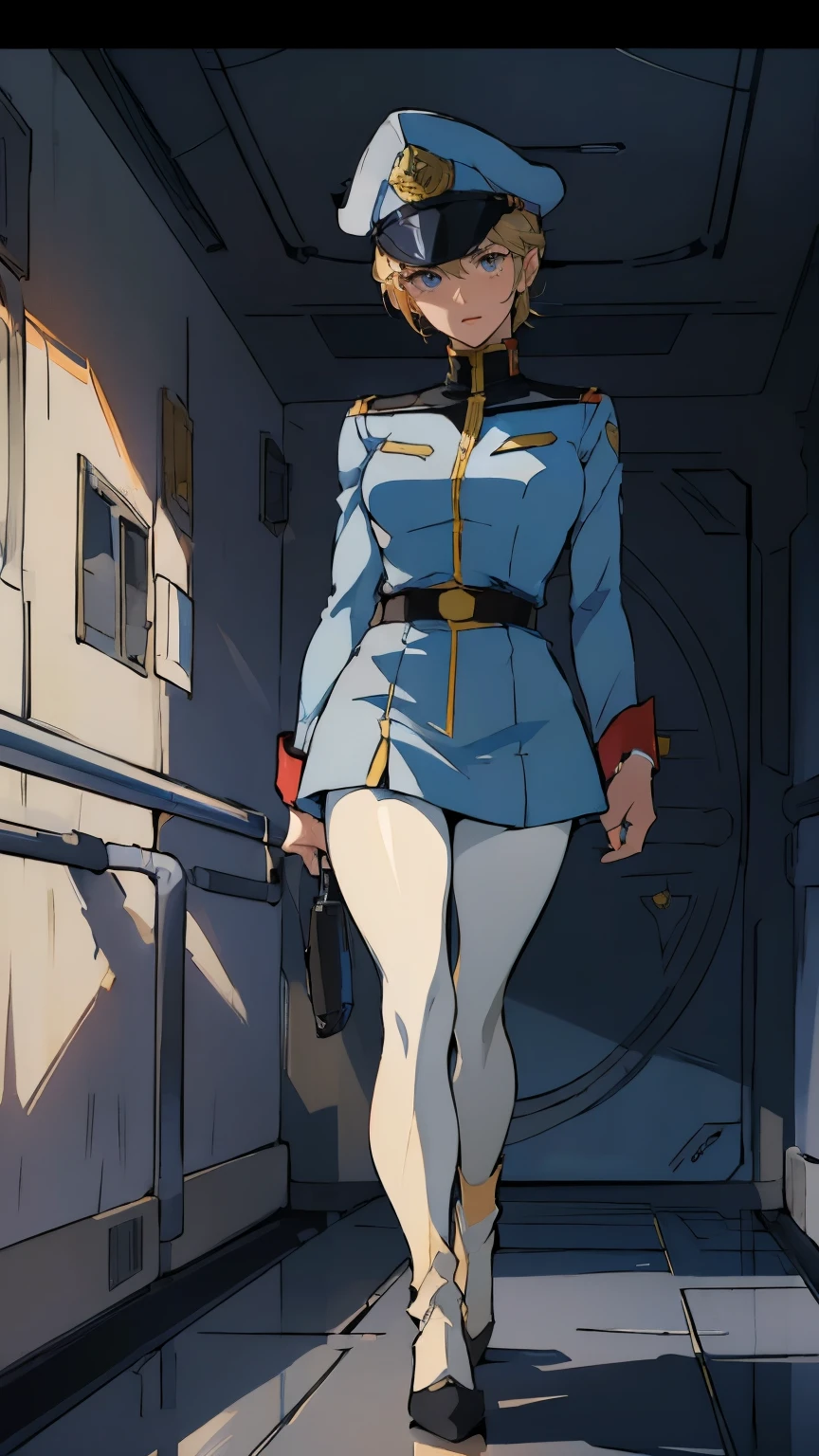 (((masterpiece,highest quality,In 8K,Super detailed,High resolution,anime style,absolutely))),(A female officer of the Earth Federation Forces is walking..:1.5),(alone:1.5), (Wearing a uniform of the Earth Federation Forces:1.5),(wearing an officer hat: 1.5),(Cute type of girl:1.4),(pretty face:1.4),(beautiful hands:1.4),(fine hands:1.2),(wallpaper:1.5),(whole body:1.5),((overlook:1.5)), ((25 year old girl, white tights)), (inside a spaceship), ((long legs))