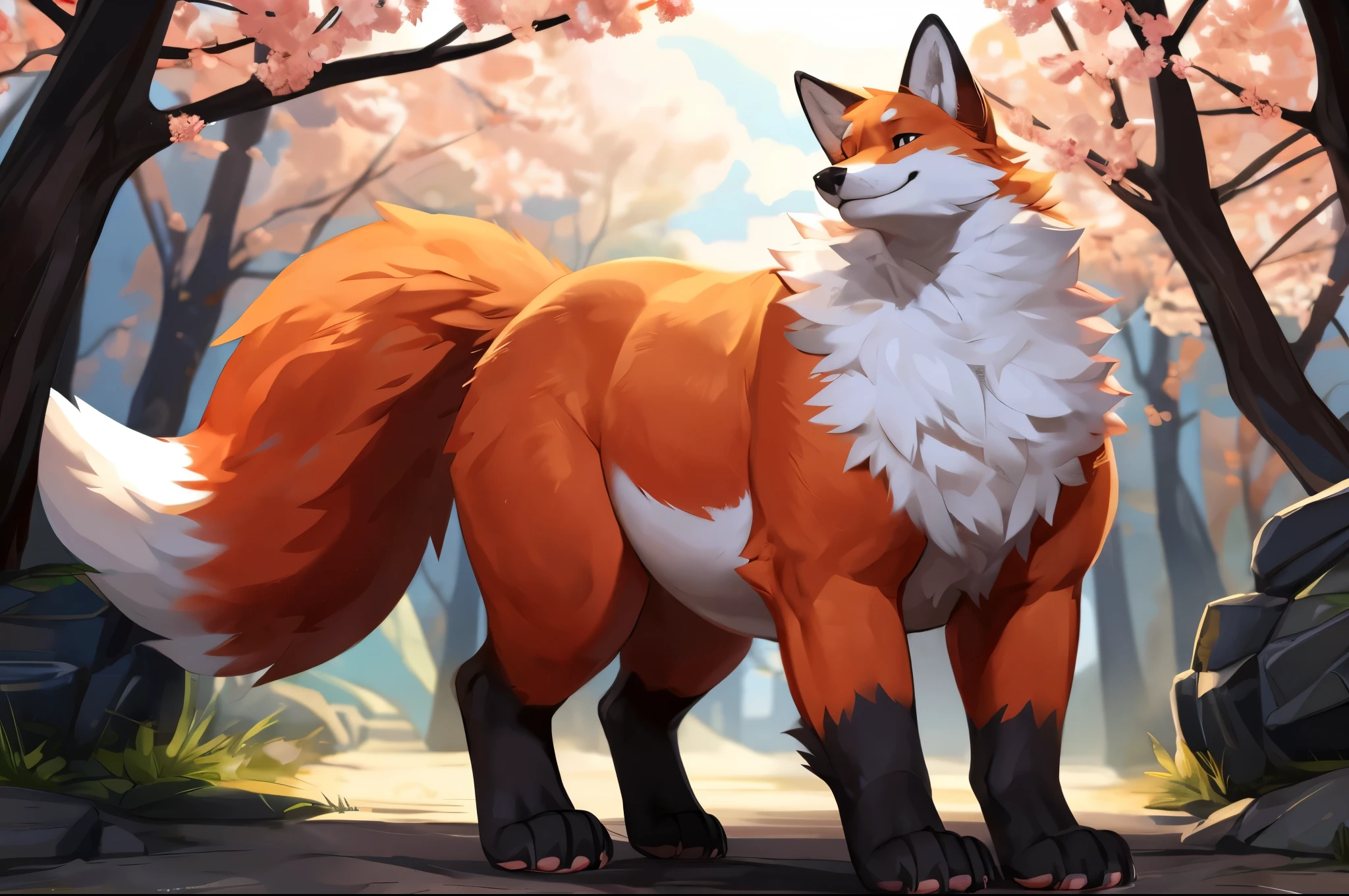 4k ultra quality, 4k full body view,(ultra high detailed body),((feral)) fox,by mystikfox61, by glitter trap boy,feral paws, by bebebebebe,by morethreedee, by seibear,(thick thigh),(chubby thigh),thicc thigh,thick legs,chubby legs,thicc legs,massive butt,enomorous thigh,massive thigh,massive legs,thick lower legs,wide legs,(detailed thigh),(wide thigh),fluffy belly sharp nails,((sfw)),(ultra detailed face),detailed eyes,big tail,fluffy tail,(detailed tail),enomorous tail,bigger tail,huge tail,volumetric light,big paws,(thick paws),fluffy paws,furry paws,enomorous paws,(feral focus), beast,(bigger lower body),(long legs),front view,master works, super fine, 4k resolution, high quality,high picture detail,dark fantasy,illusory engine, Masterpiece,dire fox,faint lighting,shrine,sakura,(feral) belly,charming (feral) body,chubby (feral) body,enomorous belly,hyper belly,shiny fur,ultra huge fox