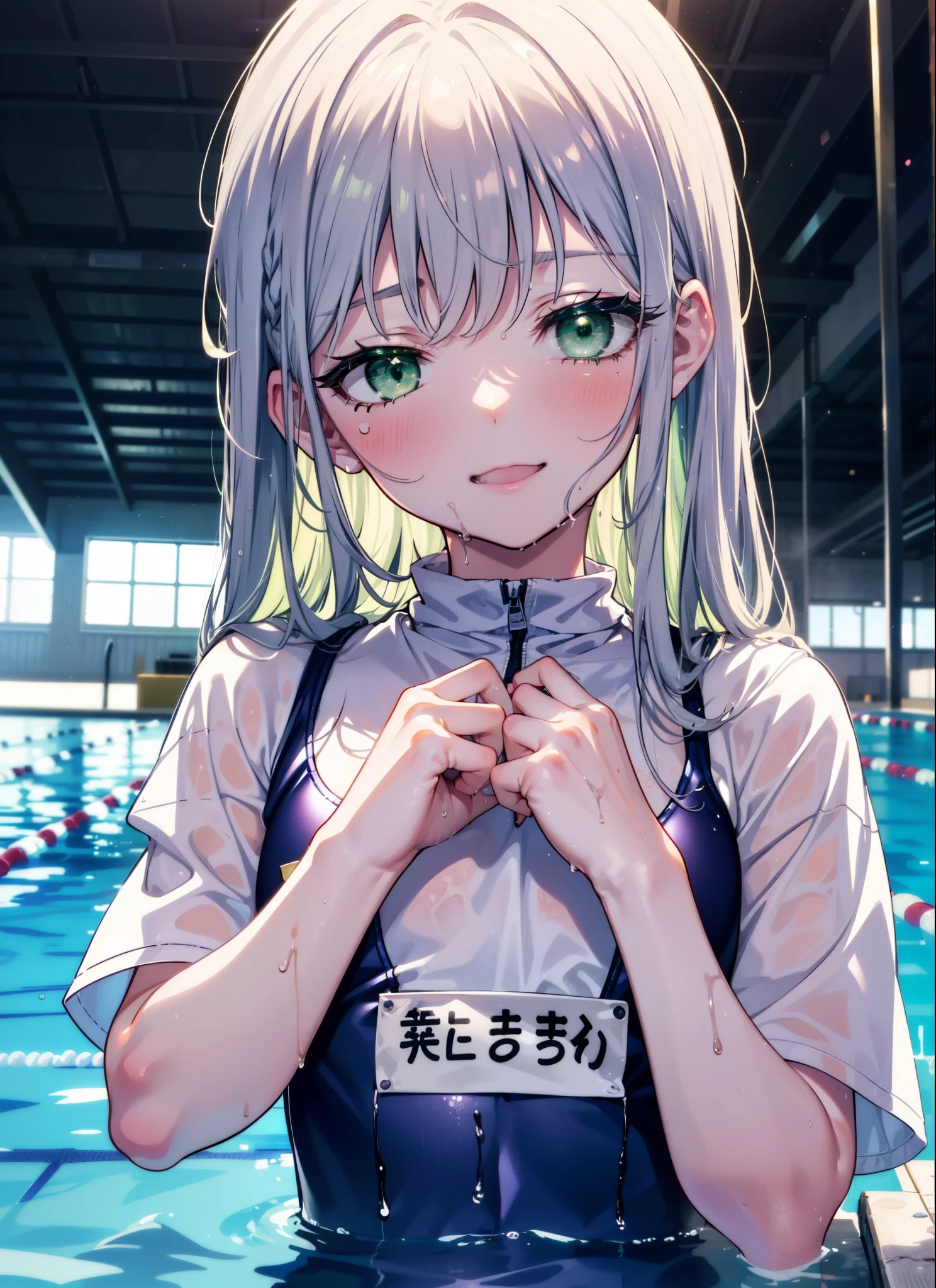 index, index, (Green Eyes:1.5), Silver Hair, Long Hair, (Flat Chest:1.2),School Swimsuit(white),barefoot,Wet Hair,Wet Skin,Wet swimsuit,happy smile, smile, Open your mouth,crowd,
break looking at viewer, Upper Body, whole body,
break outdoors, Public swimming pool,
break (masterpiece:1.2), highest quality, High resolution, unity 8k wallpaper, (figure:0.8), (Beautiful fine details:1.6), Highly detailed face, Perfect lighting, Highly detailed CG, (Perfect hands, Perfect Anatomy),