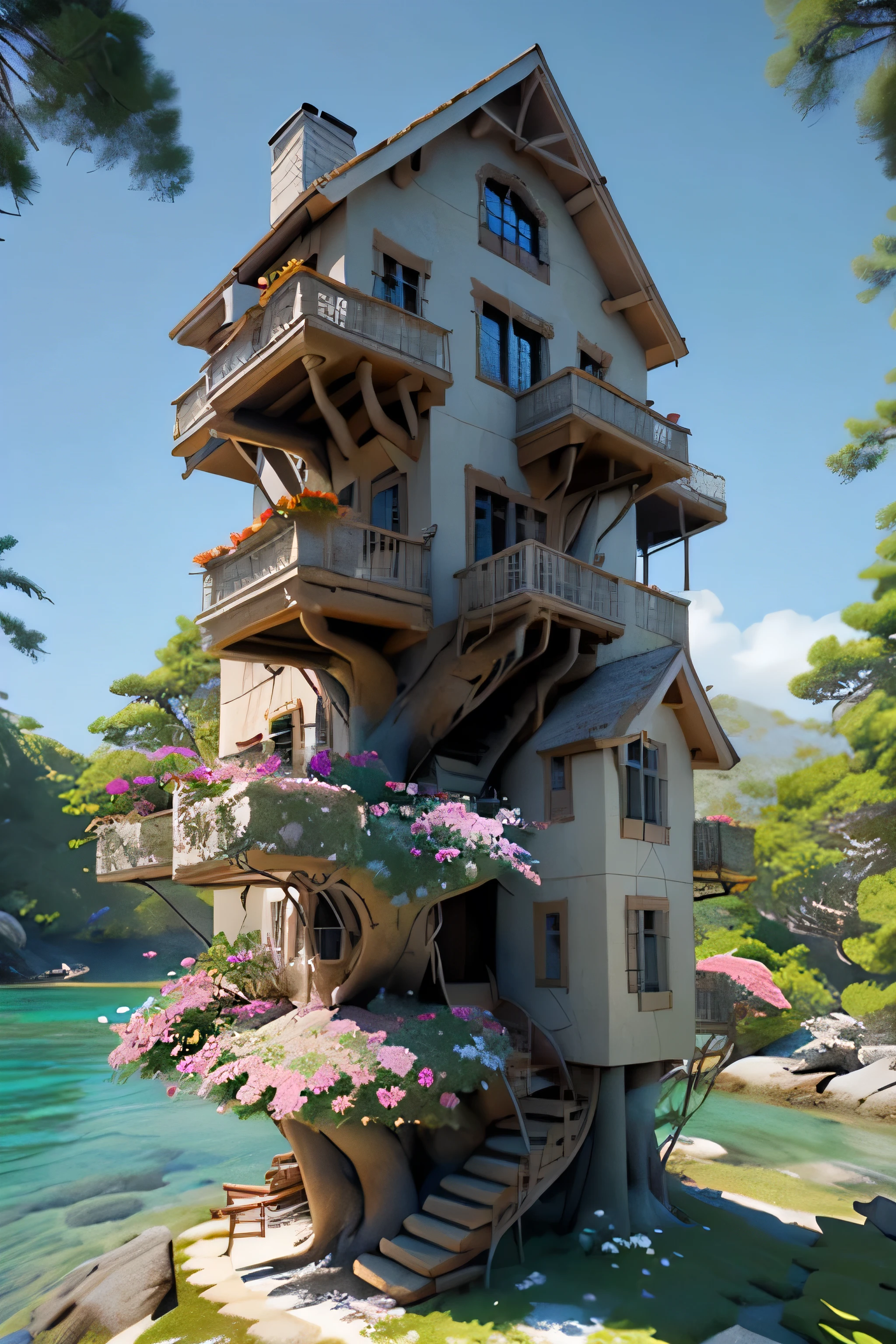 Perfection The Coolest tree house on a large rock in the middle of the sea with flowers in front of the house and trees on both sides of the house