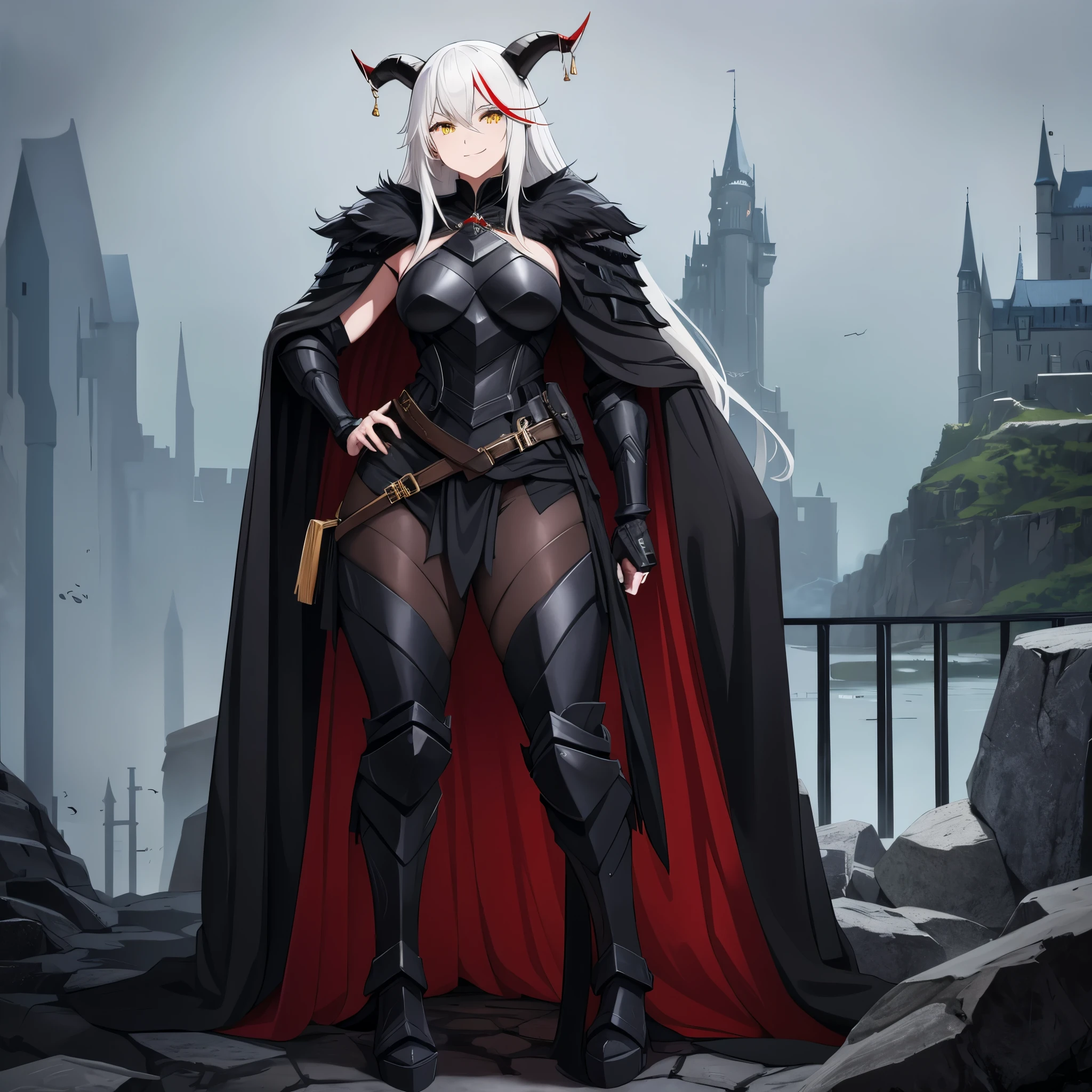 A woman wearing black heavy armor, black metal boots, black metal bracelet, long white hair, a red fringe, yellow eyes, horns, horns on the armor's shoulder pads, a large black fur cape, smiling, full body, standing standing on a platform of a large castle, at the bottom of the castle, holding a personalized red sword,Surrealism, drop shadow, atmospheric perspective, bloom, 8k, super detail, ccurate, best quality, UHD, anatomically correct, textured skin, high quality, highres, best quality ( solo woman)