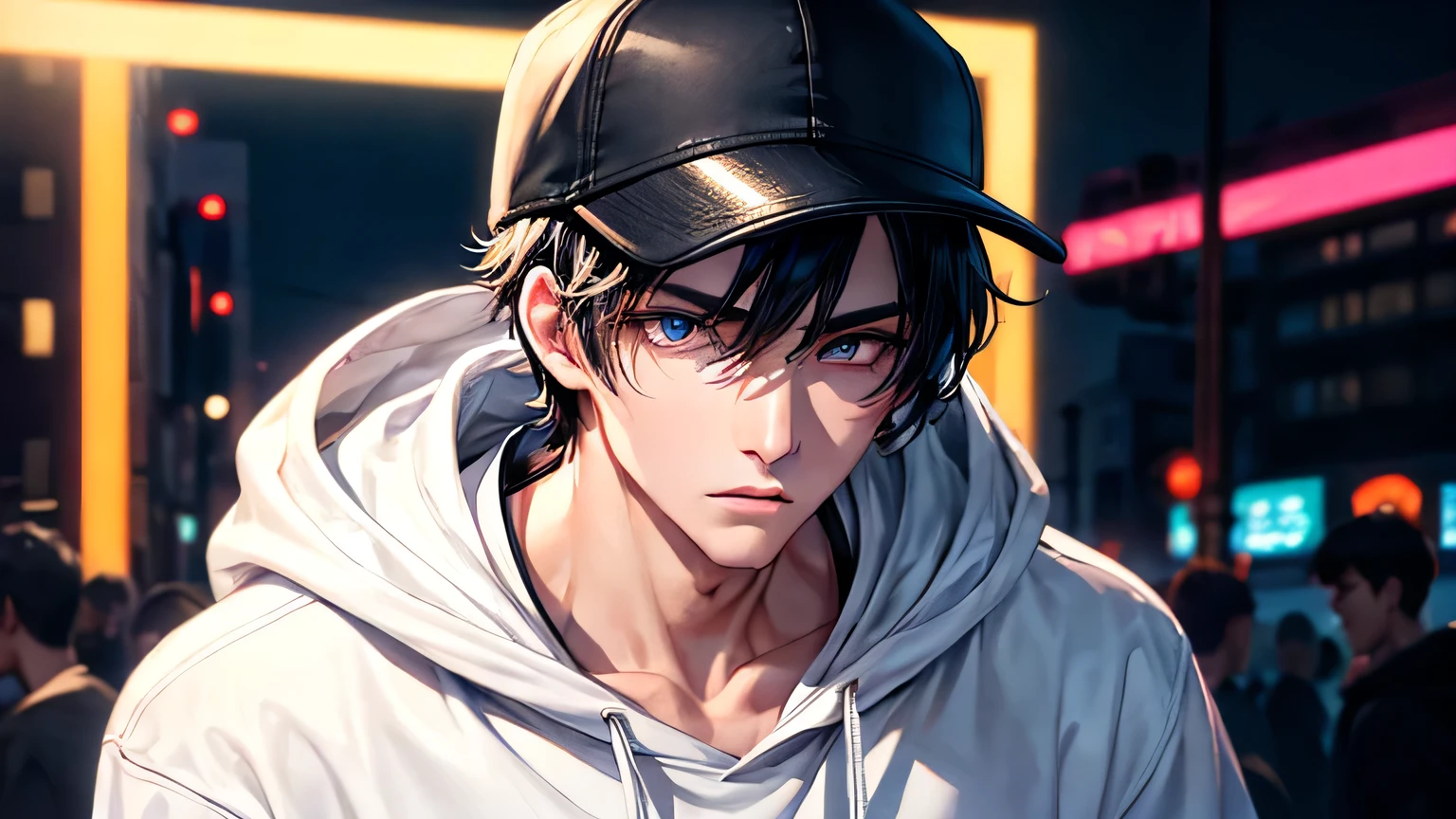male 1 person High school boys Cool face Black Hair Black hoodie White baseball cap High quality, high definition, detailed and flawless facial expression High quality, high definition, delicate and perfect hair High quality, high resolution, delicate and perfect eyes bustling street midnight neon