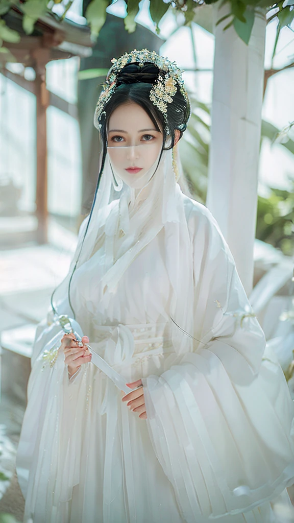 ((Long ears)),full body ,The eyes are very delicate., Human,gorgeous white hanfu,(((hair accessories)))(((face veil))),necklace,(((A garden with many flowers)), ((complicated details)), ((Surrealism))(8k)