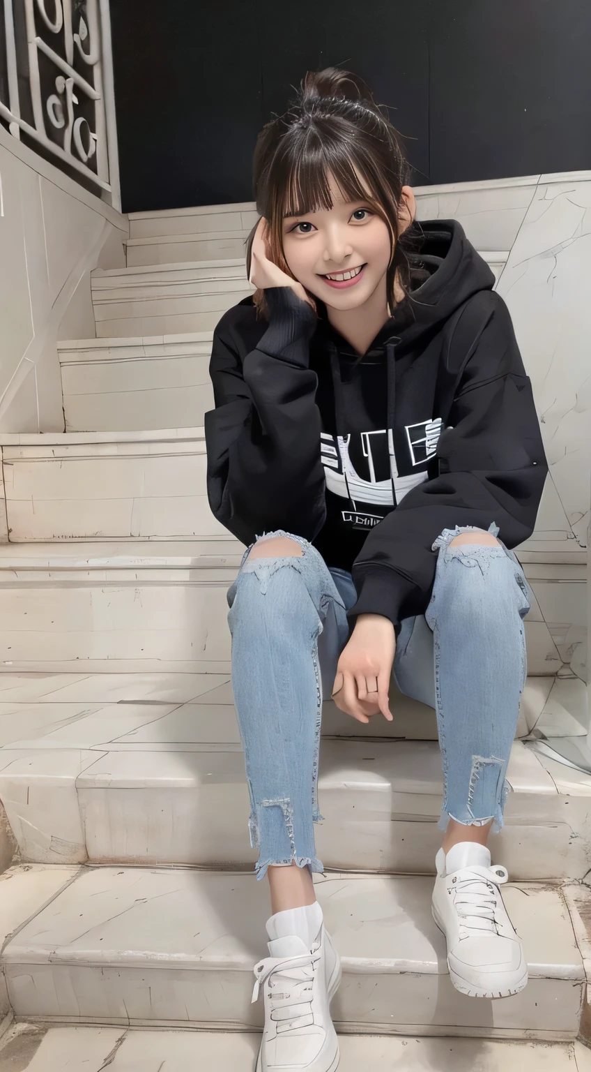 highest quality, Realistic, Very detailed, Finer details, High resolution, 8k wallpaper, One beautiful woman,Sit on the stairs、（Wear black socks）smile、（Beautiful teeth alignment、）（Gums are visible） Oversized hoodie, Skinny jeans,（ Black sneakers）、Black Hair、 Beautiful Bangs、ear piercing、Perfect dynamic composition, Beautiful and detailed, Full Body Shot, A big smile Wearing colorful socks