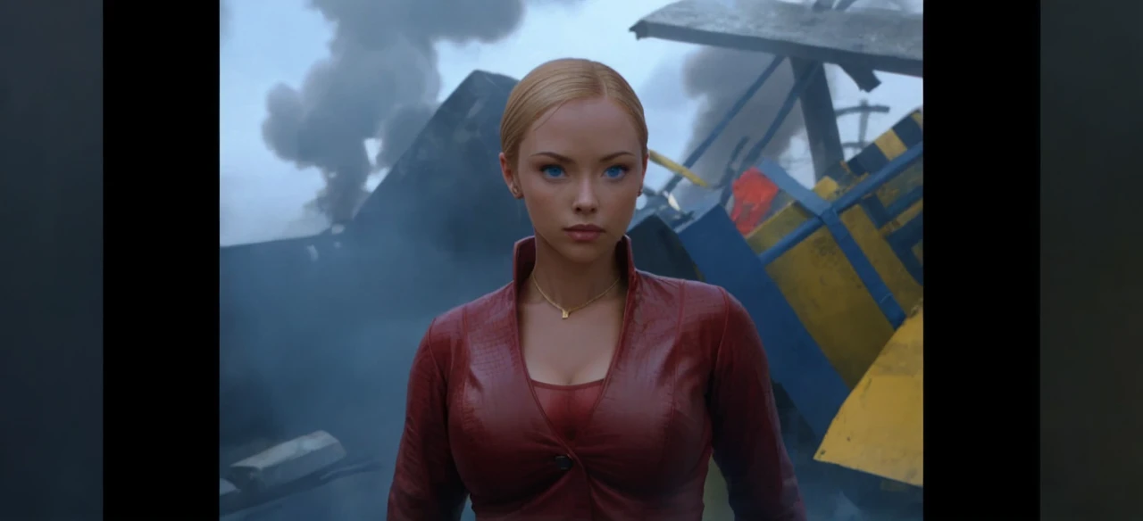 T3RMKL0K, blue eyed, medium to large breast size, perked cleavage, cleavage, red outfit, gold necklace