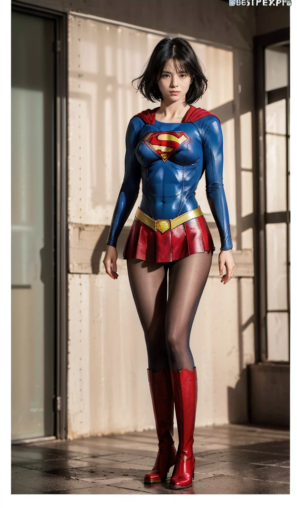 No background、(((Beautiful legs in black tights.)))、(((Legally express the beauty of your smile)))、((((Make the most of your original images)))、(((Supergirl Costume)))、(((beautiful short bob hair)))、(((suffering)))、(((Please wear black tights....、Wear red boots)))、((Best image quality、8K))、((highest quality、8K、masterpiece:1.3))、(((Preserve background )))、Sharp focus:1.2、Beautiful woman with perfect figure:1.4、Thin abdominal muscles:1.2、Wet body:1.5、Highly detailed face and skin texture、8K