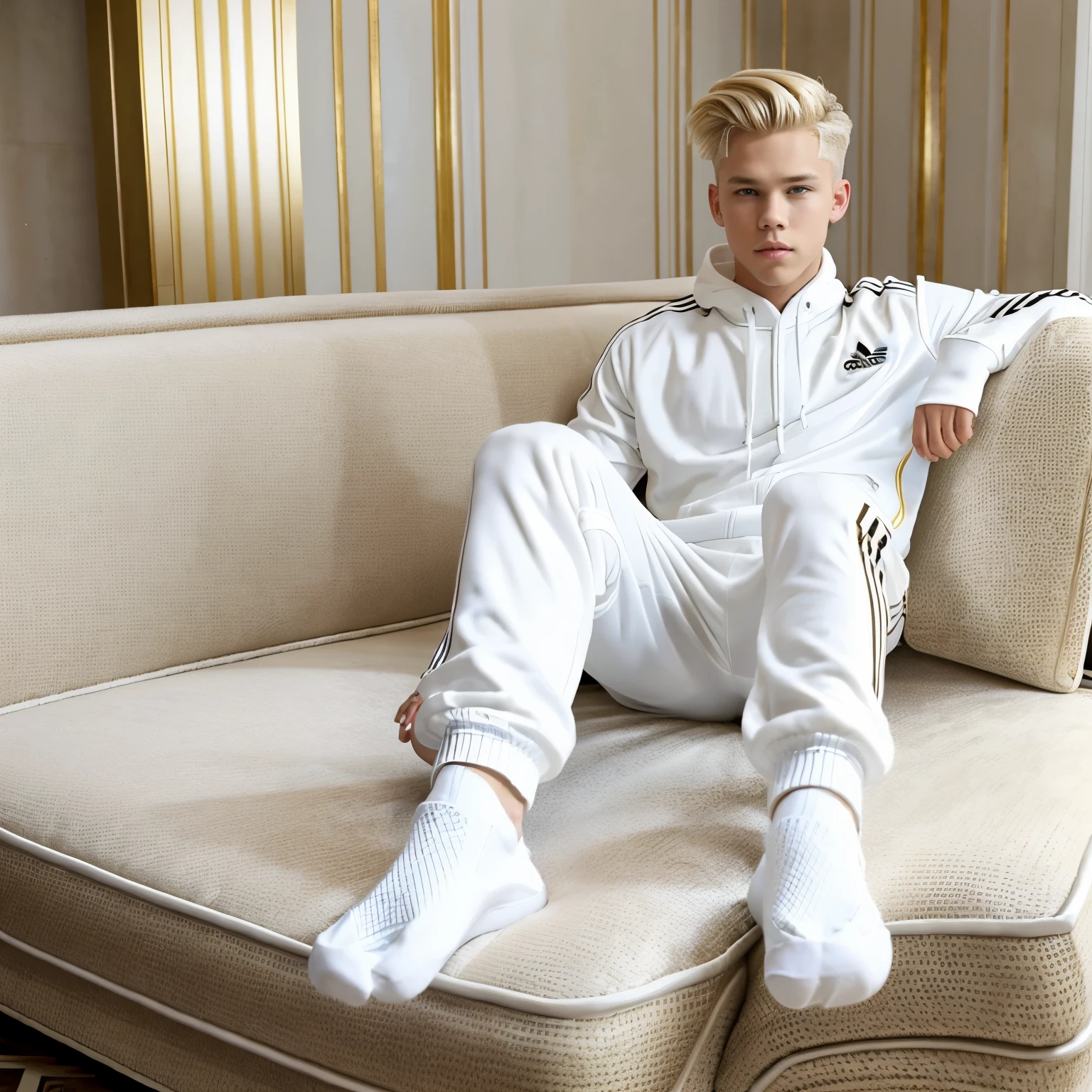 full body full view, boy actor austin butler with blonde stylish undercut haircut, wearing adidas white tracksuit and white socks, lying on luxurious couch in his opulent and gaudy villa, showing off his white socked feet, no shoes, shoeless