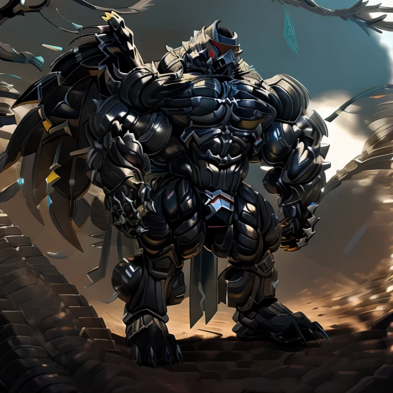 8K, Masterpiece, highres, future fiction. black visor, Detailed head, Detailed Body, full body, BLACK COLRR, Detailed abs, wearing crNanosuit, big muscle (pecs, triceps, traps) unusually developed muscular body, body full of huge muscles. showing off muscles, pectorales enormes. Exaggeratedly huge muscles. Gigachad Muscular, gigantic muscles, Colossal giant NANOSUIT over a battlefield, The cloak is so long that it touches the ground, crossed arms. 
The claws are sharp,
Sharp teeth,
have big wings.
whole body shines like metal. nj5furry,