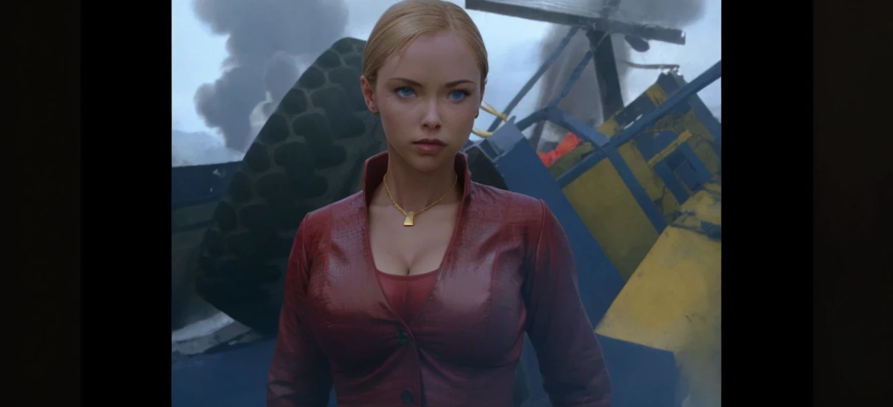 T3RMKL0K, blue eyed, medium to large breast size, perked cleavage, cleavage, red outfit, gold necklace