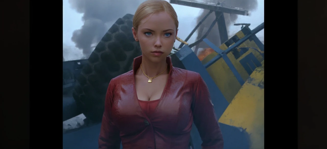T3RMKL0K, blue eyed, medium to large breast size, perked cleavage, cleavage, red outfit, gold necklace