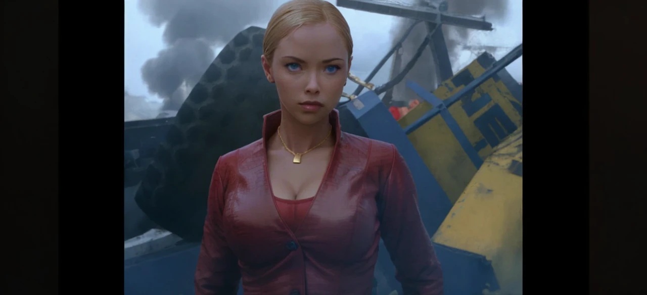 T3RMKL0K, blue eyed, medium to large breast size, perked cleavage, cleavage, red outfit, gold necklace