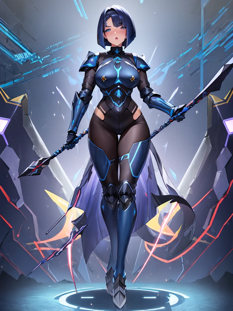full body,masterpiece, high details, high quality, best quality, anatomically correct, masterpiece, textured skin, super detail,ultra-detailed, best quality, extremely detailed, 8k, high res, realistic, 1girl, 18yo, beautiful girl, (half closed eyes),(narrowed eyes:1.2),(open mouth), (blush:1.2),BREAK,(cyber armor:1.8),blue beautiful eyes, (dark blue medium bob hair,asymmetrical parted bangs:1.8),BREAK,(Ready your spear:1.5),(voluptuous bust:1.3),(Gaunt , thin waist:1.3),looking at viewer,white background,