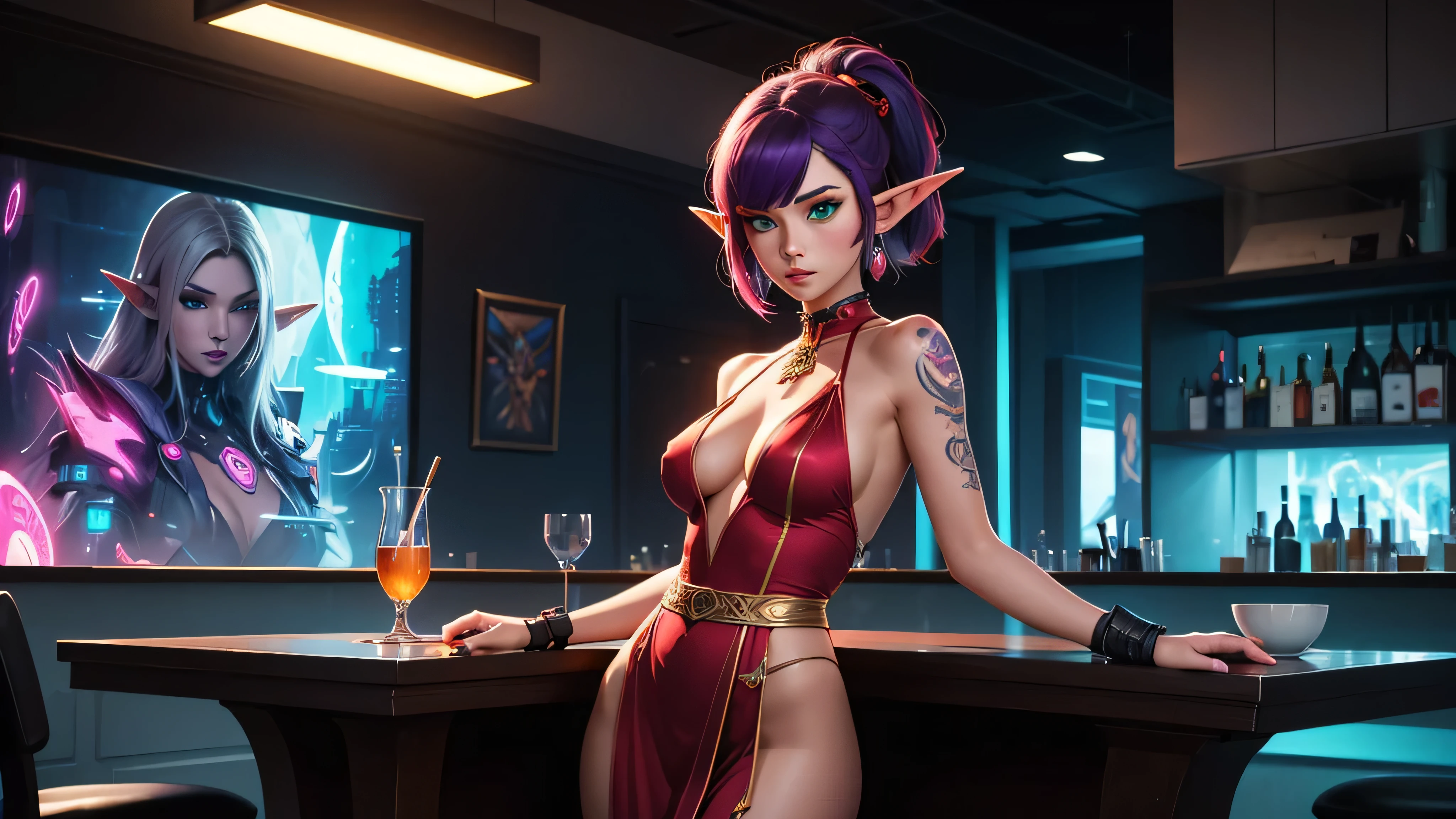 There is futuristic bar, near bar table stand elf female, she have a beautiful face with green eyes long pointy ears with lot of golden earring on them red eye shadows and lips, main colour of her hair is red with purple highlights lines, she dressed in sexy long shamanic dress, her body and arms covered with mislyc tatoo, behind her back there is wind spirit, (ultra high quality sifi fantasy art. cyberpunk fantasy style, masterpiece, ultra highquality character design, 8k quality anime art, top quality wallpaper illustration, detailed ultra high quality acurate face, highquality design and acurate physic )