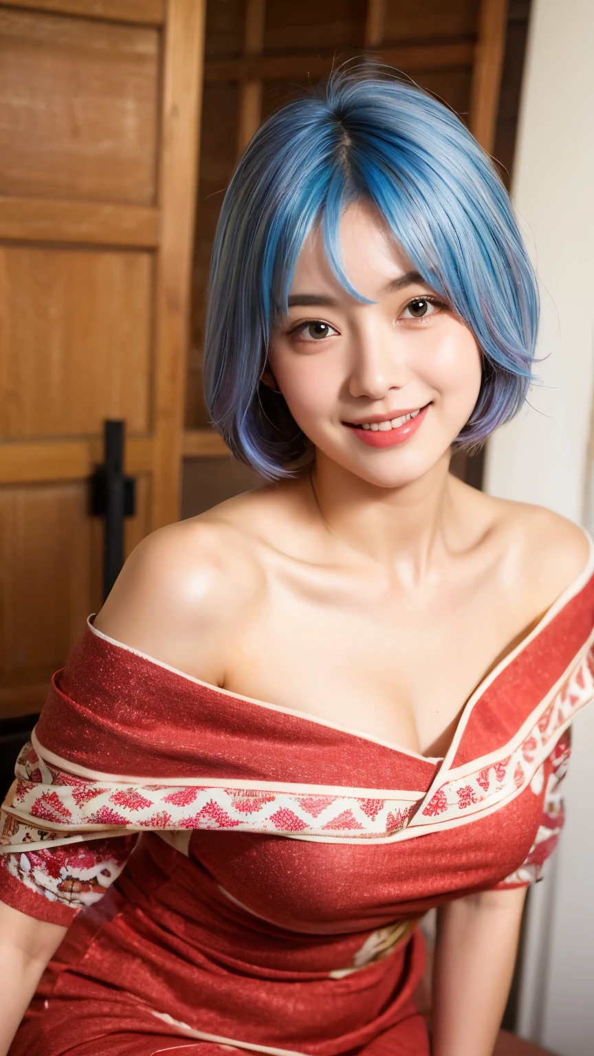 (best quality, masterpiece), 1girl, off shoulder,(soft colored hair:1.3), multicolored hair, girl's lovely room, 15 year old, smile, beaming face, extremely high resolution, photorealistic, RAW photography, depth of field, amazingly high detailed eyes and face, silky smooth skin, ((mmTD burmese patterned traditional dress)), red ruby colored dress, floral printed dress