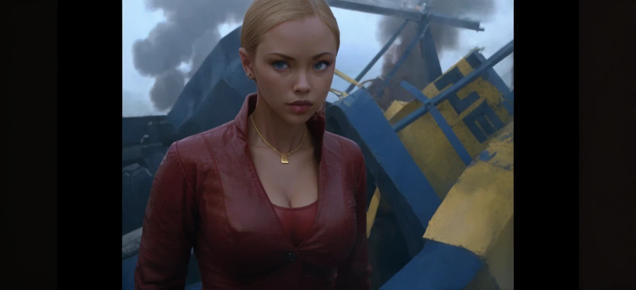 T3RMKL0K, blue eyed, medium to large ?????? size, perked cleavage, cleavage, red outfit, gold necklace