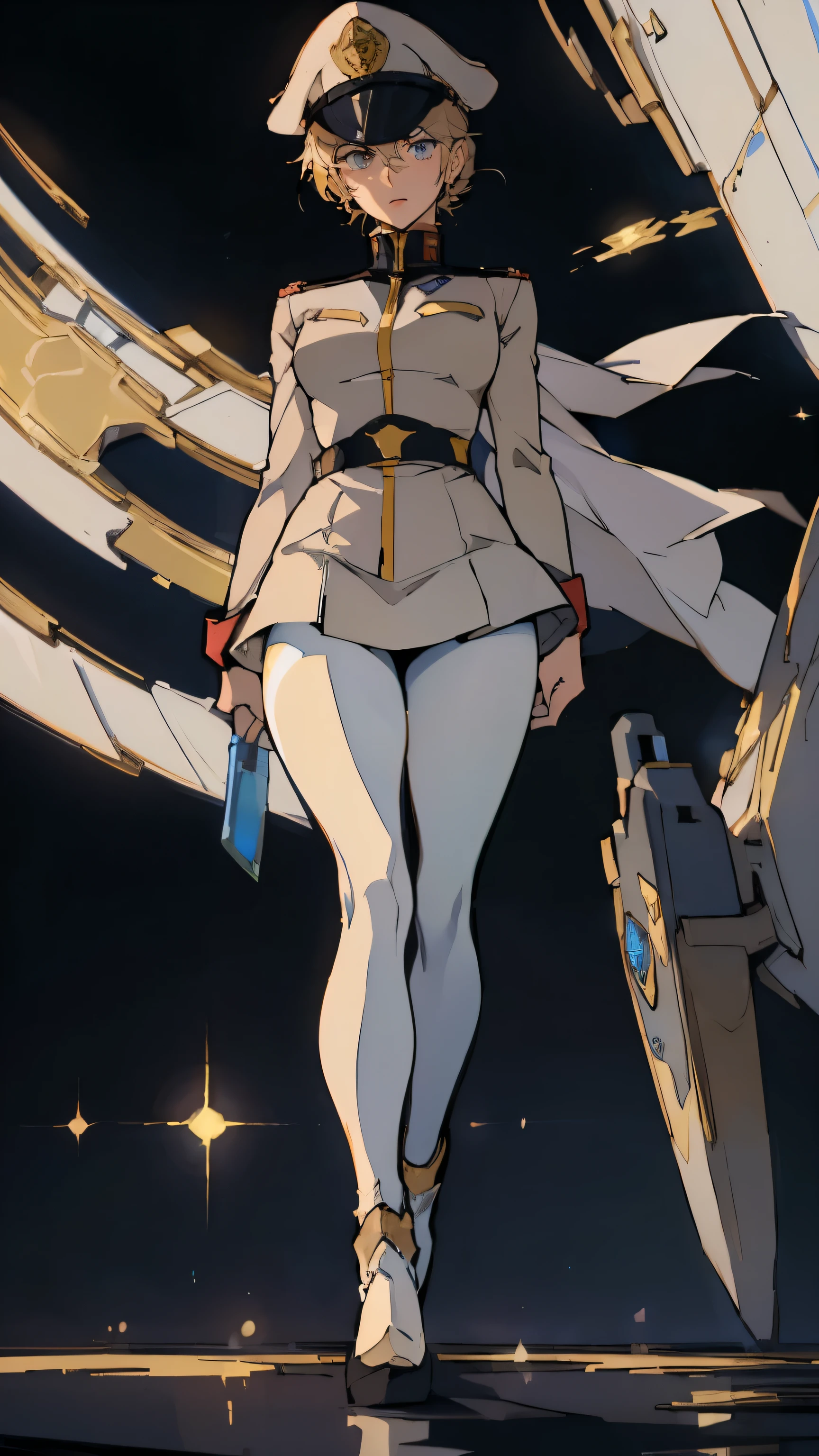 (((masterpiece,highest quality,In 8K,Super detailed,High resolution,anime style,absolutely))),(A female officer of the Earth Federation Forces is walking..:1.5),(alone:1.5), (Wearing a uniform of the Earth Federation Forces:1.5),(wearing an officer hat: 1.5),(Cute type of girl:1.4),(pretty face:1.4),(beautiful hands:1.4),(fine hands:1.2),(wallpaper:1.5),(whole body:1.5),((overlook:1.5)), ((25 year old girl, white tights)), (inside a spaceship), ((long legs))
