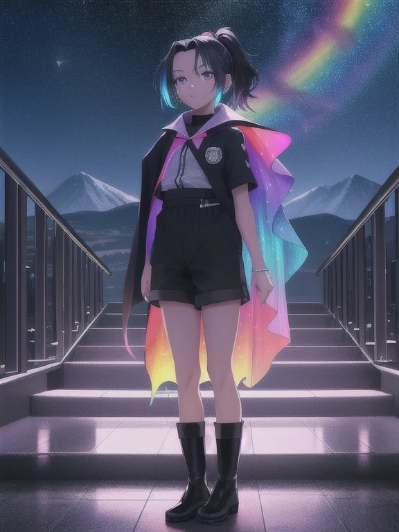 A girl, single ponytail, black hair, forehead, hotel waiter uniform, nylon shorts, flat boots, mountains, starry night, glowing stone stairway, Rainbow cape,Rainbow color illustration, magically glowing, Shiny and colorful, Hologram, Digital Animation Art, front,Full body portrait,Horizontal viewing angle,Colorful,Depth of Field,Overclocking Renderer,Movie Lighting,Ultrafine,Ultra Detailed,CG art,
