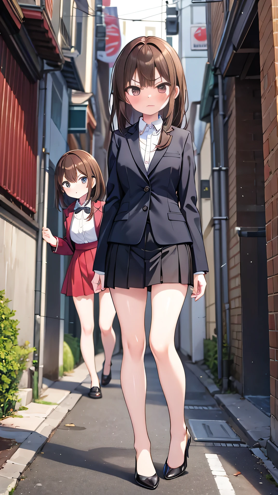 masterpiece、highest quality),Brown Hair,Two Girls,Are standing,Lean your body forward a little,Men are standing,Back Alley,In a suit,OL,Woman with an angry face,Blushing,Slender women, A woman wearing plain black pumps,Bare feet and pumps,Straight Skirt,Recruitment suits,Open collar,open