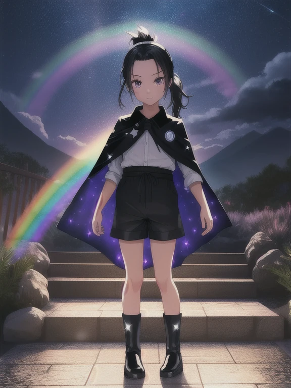 A girl, single ponytail, black hair, forehead, hotel waiter uniform, nylon shorts, flat boots, mountains, starry night, glowing stone stairway, Rainbow cape,Rainbow color illustration, magically glowing, Shiny and colorful, Hologram, Digital Animation Art, front,Full body portrait,Horizontal viewing angle,Colorful,Depth of Field,Overclocking Renderer,Movie Lighting,Ultrafine,Ultra Detailed,CG art,