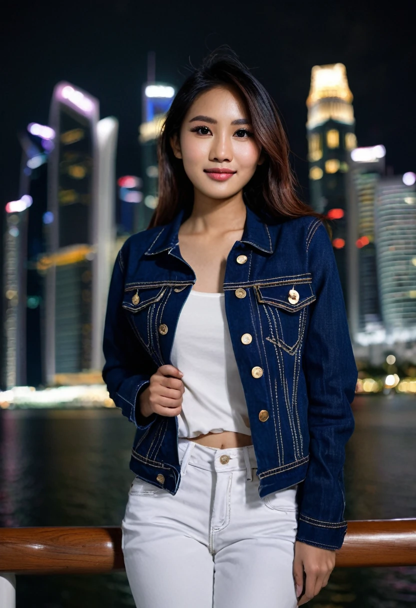 Create an image of a 25 year old Indonesian woman, pure white, wearing a navy blue jeans jacket, view of Singapore's Marina Bay, night