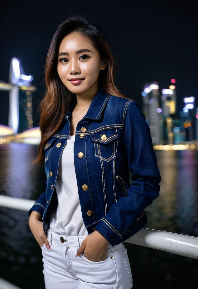 Create an image of a 25 year old Indonesian woman, pure white, wearing a navy blue jeans jacket, view of Singapore's Marina Bay, night