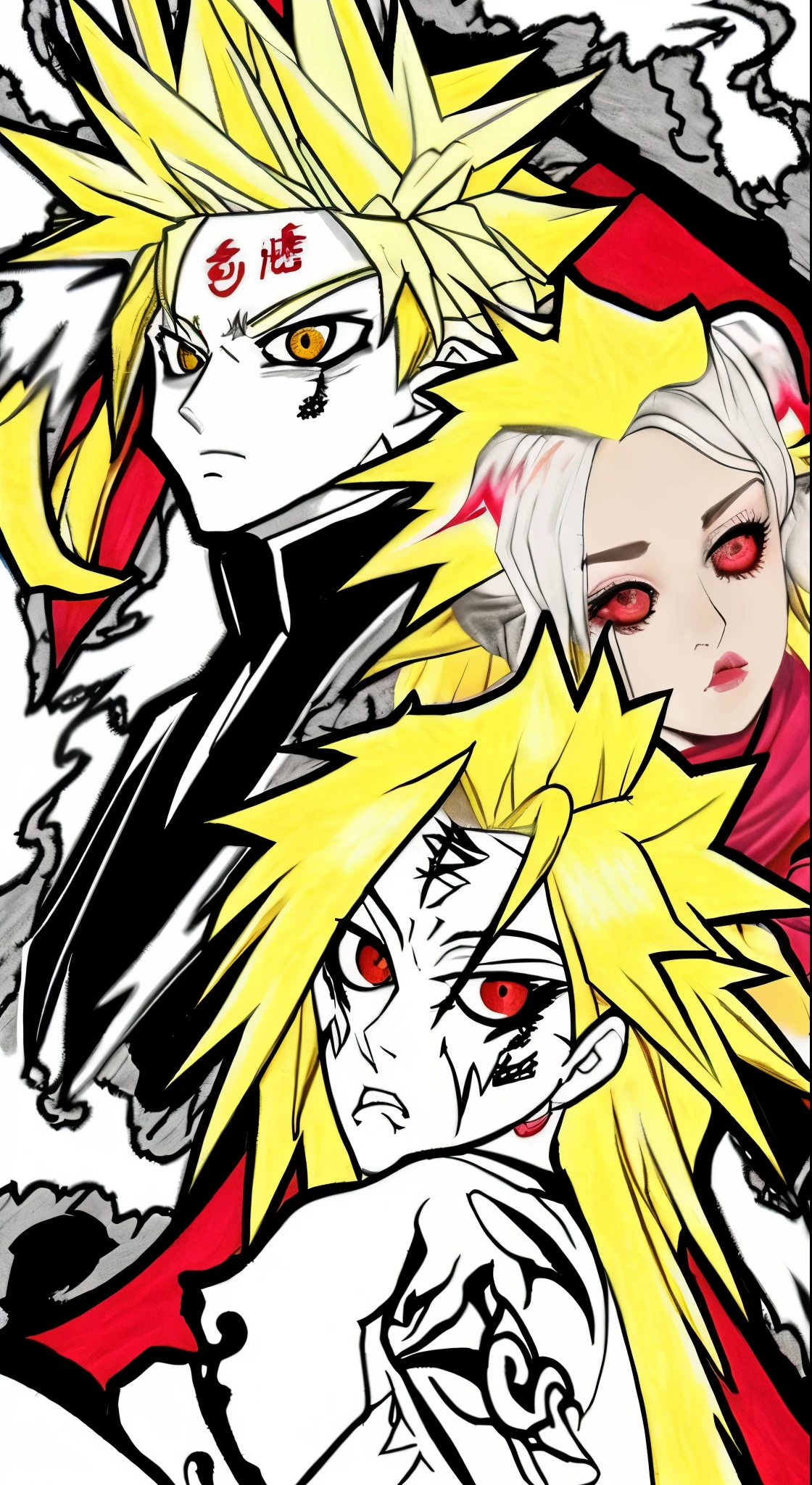 Ultra Super Sayani, Diamond yellow hair and red eyes、I drew around it with a black pencil., White clothing with dragon tattoos printed on it, A good open shout out, Fight with rage against the enemy, Heaven and Earth Landscape