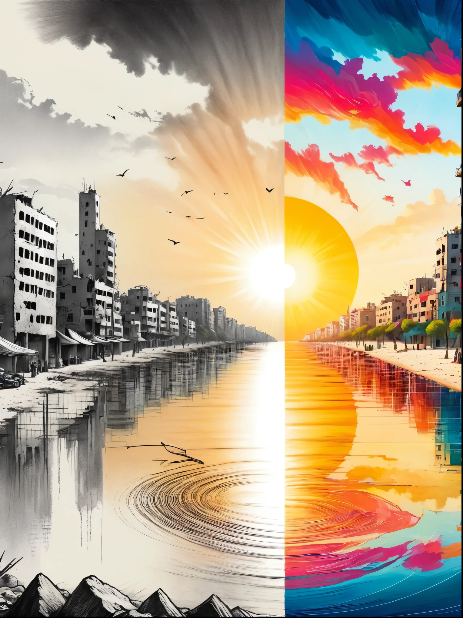 (The left half is a black and white line drawing of the war-torn and ruined city of Gaza:1.3), (The right half is a beautiful and pleasant city with tall buildings, bright sunshine and bright colors:1.5), ((The artwork should transition from a pencil drawing style in black and white on the left half to vibrant colors on the right half, Ensure a seamless integration between the two halves without any dividing line, with the left side featuring detailed black and white pencil strokes and the right side filled with colors, creating a harmonious blend across the image)), excellent quality, Detailed background, The art of math
