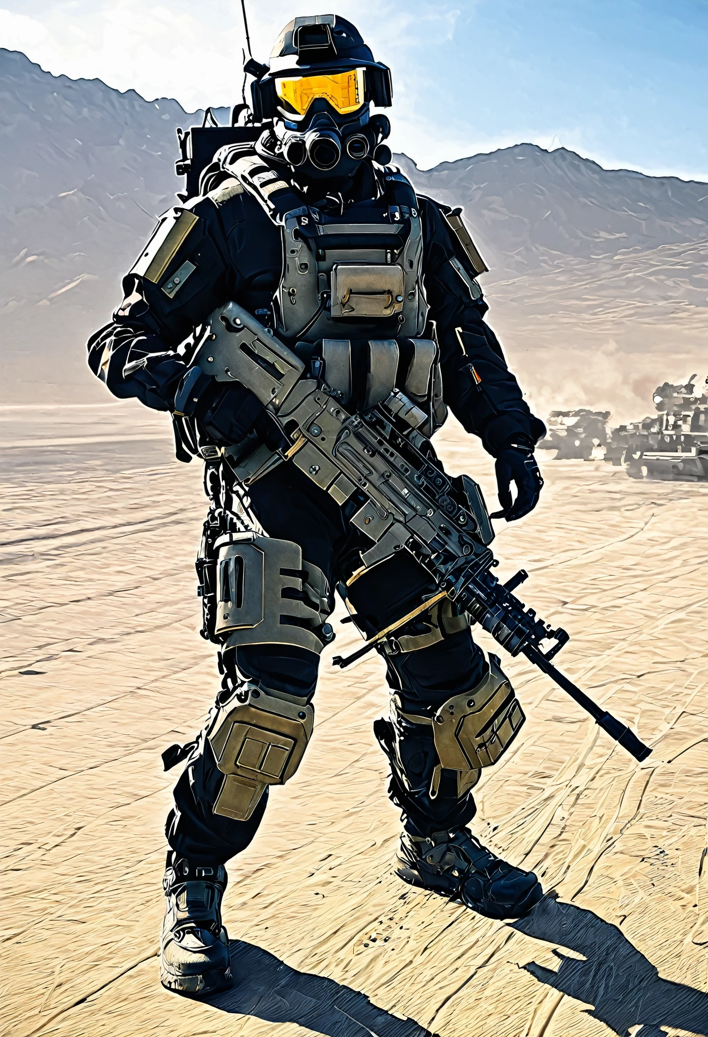 a combat suit with a minigun on his back