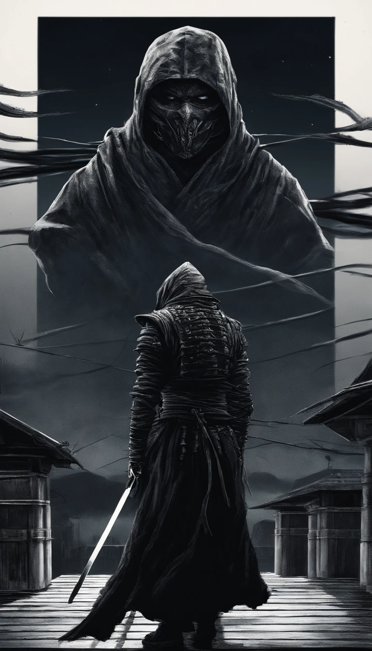 Dark samurai, mask, hood, light sword, on rooftop, night, moon background