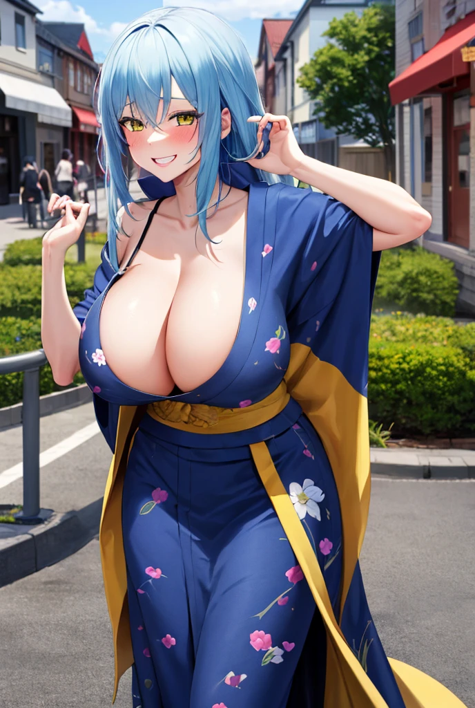 masterpiece, best quality, highres, rimuru tempest, blue hair, long hair, huge breast,huge cleaveage,dragon print kimono, standing, looking at viewer, city road, outdoor, modern city road, blush, shy, smile, show teeth, sexy pose,