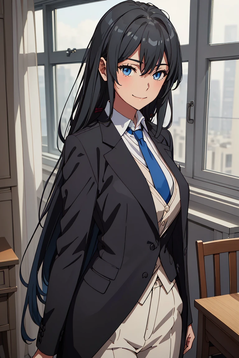 ((best quality)), ((masterpiece)), (detailed) 1girl 1girl, ;\), blurry, blurry_background, breasts, , hair_long , looking_at_viewer, ok_sign, one_eye_closed, open_hand, Yukinoshita Yukino ,Woman wearing formal clothes, An attractive coat stands in a large gap in the room , 1girl, solo, blue necktie, Black hair, eyes blue, long hair, smile , collared shirt, white pants, white shirt , Elegantly designed coat , Stand in front of a window ,Perfectly tailored tailcoat. It has a stunning Victorian design and is made of lustrous fabric , soft thighs , full body