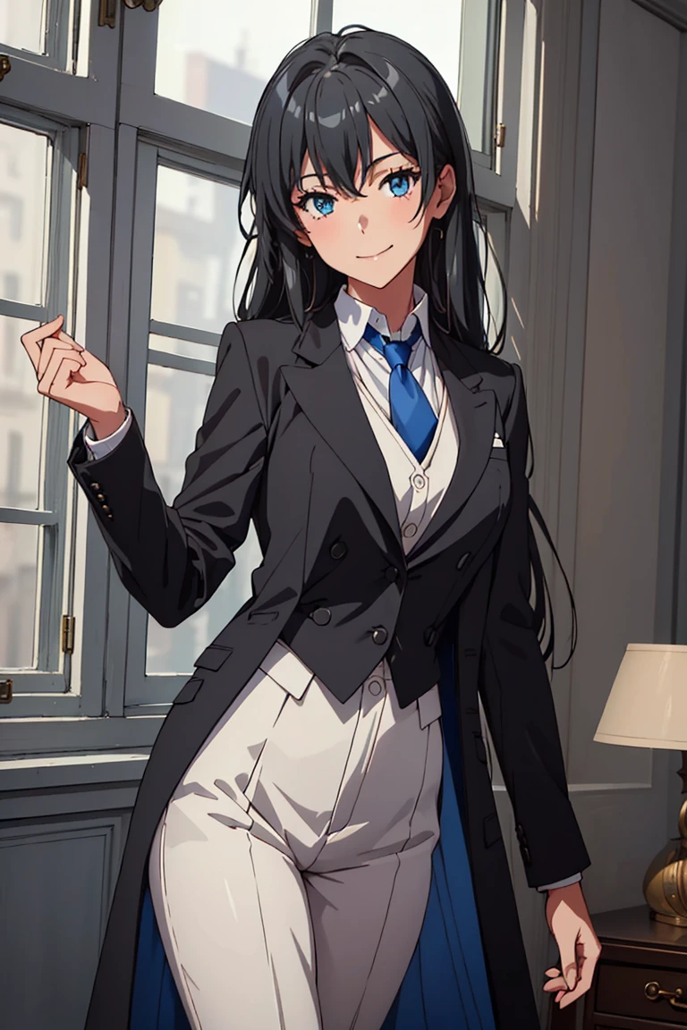 ((best quality)), ((masterpiece)), (detailed) 1girl 1girl, ;\), blurry, blurry_background, breasts, , hair_long , looking_at_viewer, ok_sign, one_eye_closed, open_hand, Yukinoshita Yukino ,Woman wearing formal clothes, An attractive coat stands in a large gap in the room , 1girl, solo, blue necktie, Black hair, eyes blue, long hair, smile , collared shirt, white pants, white shirt , Elegantly designed coat , Stand in front of a window ,Perfectly tailored tailcoat. It has a stunning Victorian design and is made of lustrous fabric , soft thighs , full body