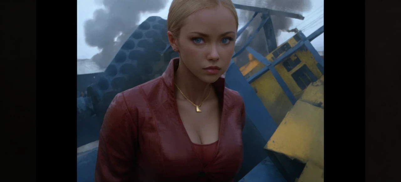T3RMKL0K, blue eyed, medium to large breast size, perked cleavage, cleavage, red outfit, gold necklace