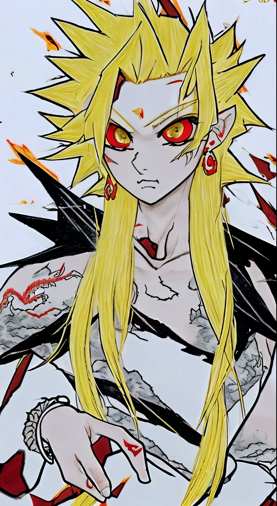 Ultra Super Sayani, Diamond yellow hair and red eyes、I drew around it with a black pencil., White clothing with dragon tattoos printed on it, A good open shout out, Fight with rage against the enemy, Heaven and Earth Landscape