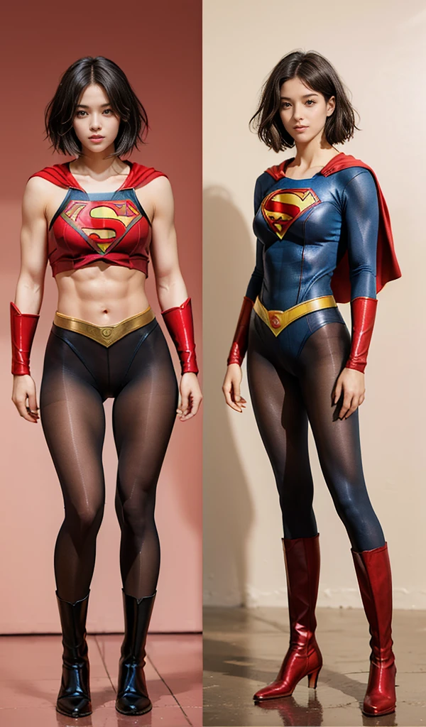 No background、(((Beautiful legs in black tights.)))、(((Legally express the beauty of your smile)))、((((Make the most of your original images)))、(((Supergirl Costume)))、(((beautiful short bob hair)))、(((suffering)))、(((Please wear black tights....、Wear red boots)))、((Best image quality、8K))、((highest quality、8K、masterpiece:1.3))、(((Preserve background )))、Sharp focus:1.2、Beautiful woman with perfect figure:1.4、Thin abdominal muscles:1.2、Wet body:1.5、Highly detailed face and skin texture、8K