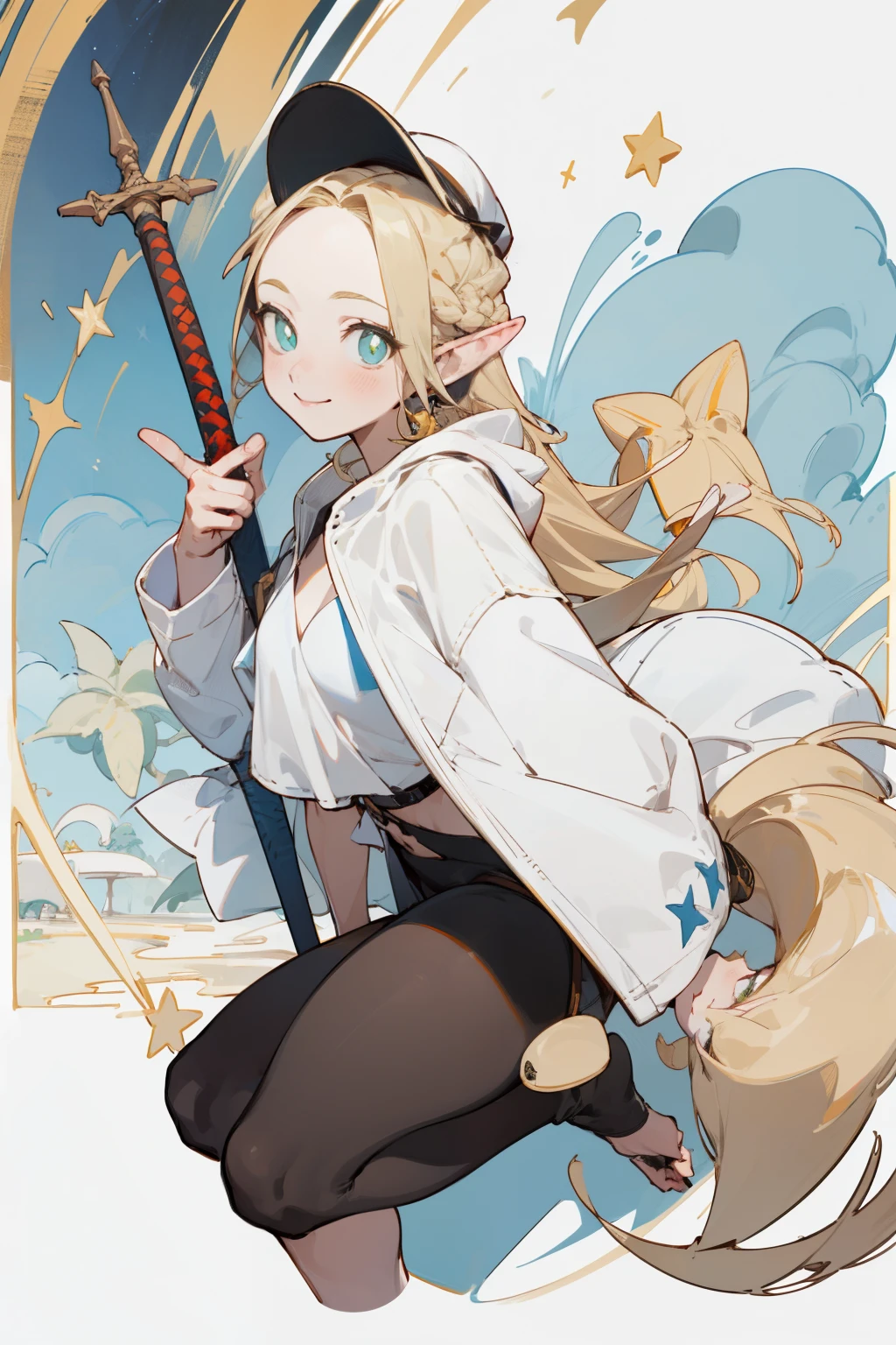 Wear a bikini、Wearing a hat and a sword, Put on your headphones,(masterpiece, best quality) detailed,silver accessories , Blonde ,elegant, Pointed ears ,White shirt,Tights,Double tail,Waist-length hair,Smile,star decoration