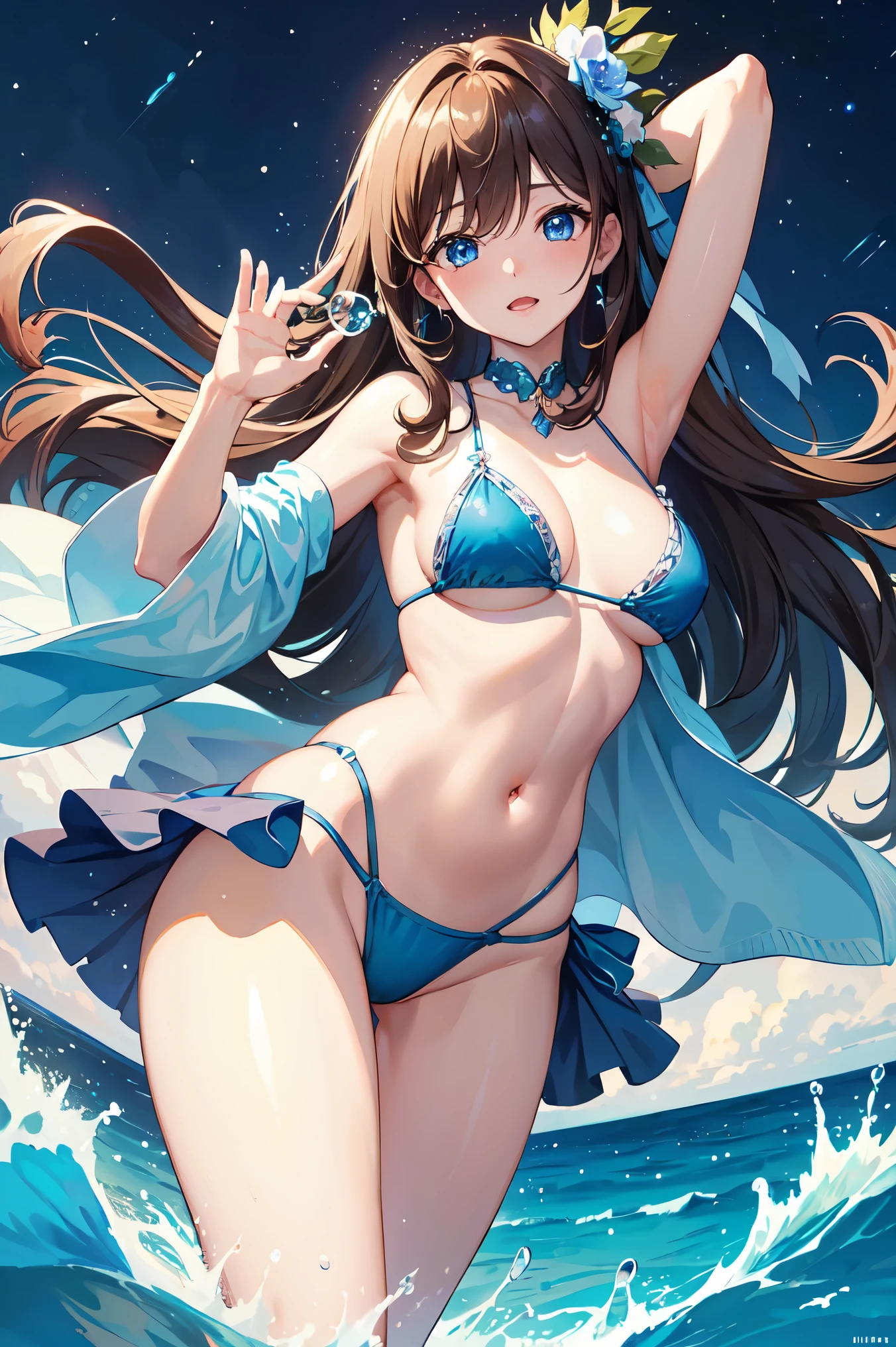 (((masterpiece、high resolution、high quality、Delicate、Ultra-high resolution、8k)))One female、Brown Hair、Curly Hair、Blue Eyes、Dense lips、Glowing Skin、Micro Bikini、BREAK,Ocean、beach、water droplets、Bubbles 🫧、night、Starry Sky